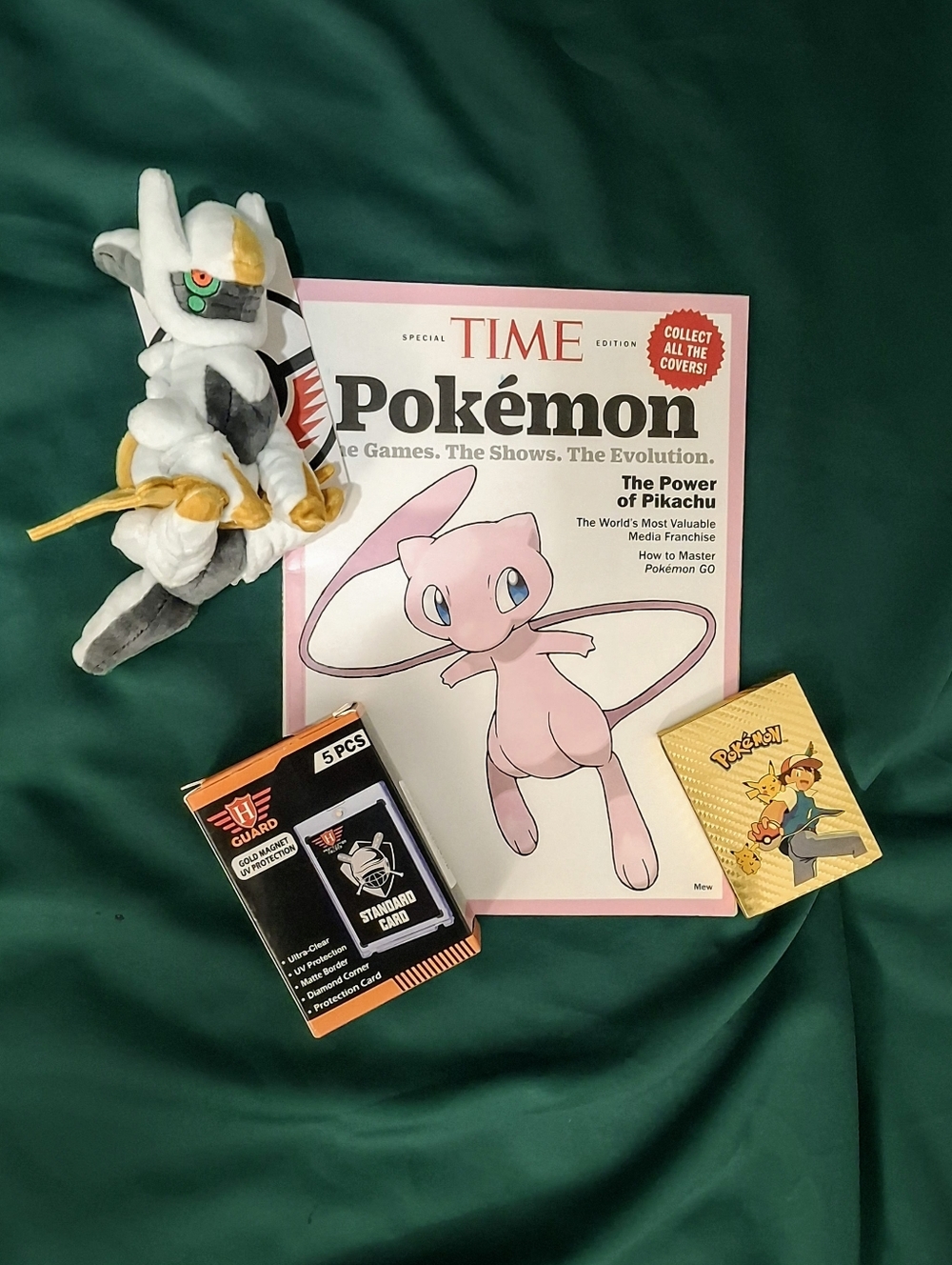 🎁4-Pc. Pokemon BUNDLE- Arceus Plush/Collector Metallic Gold Cards/TIME Magazine